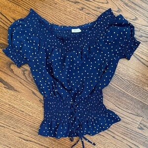 Mind Code Navy Off-Shoulder Blouse with White Dots